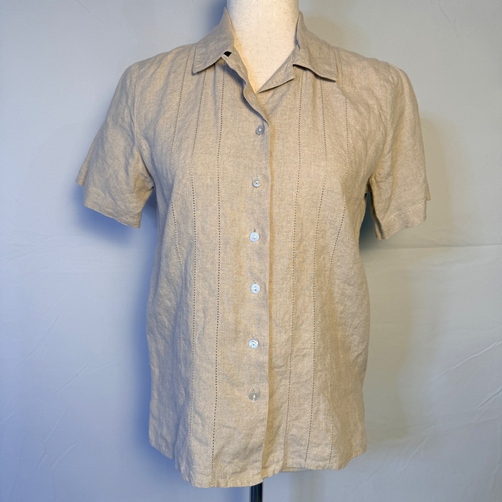 Vintage Talbots Petites Tan 100% Irish Linen Short Sleeve Button Up Blouse  2P